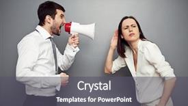  Presentation with listening - Amazing PPT theme having two men megaphones information - young businesswoman listening her angry backdrop and a dark gray colored foreground