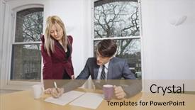 Presentation with conference table - Presentation theme having quarterly review - young businesswoman looking at male background and a coral colored foreground
