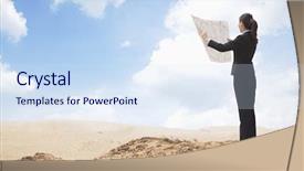  Presentation with map - Beautiful PPT theme featuring young businesswoman looking at map backdrop and a sky blue colored foreground