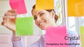  Presentation with decision making - Beautiful slide deck featuring young businesswoman making decisions backdrop and a coral colored foreground