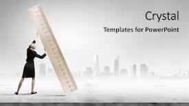  Presentation with measuring ingredient - Colorful PPT theme enhanced with measure goals - young businesswoman measuring something backdrop and a white colored foreground