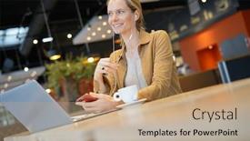  Presentation with cafeteria - Audience pleasing slide set consisting of young-businesswoman-on-the-phone backdrop and a coral colored foreground