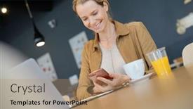  Presentation with cafeteria - Beautiful presentation design featuring young-businesswoman-on-the-phone backdrop and a coral colored foreground