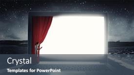  Presentation with curtain opening - Beautiful theme featuring young businesswoman opening curtain on laptop screen backdrop and a ocean colored foreground