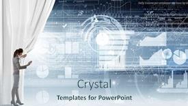  Presentation with curtain opening - Audience pleasing slide deck consisting of young businesswoman opening curtain to present financial report backdrop and a lemonade colored foreground