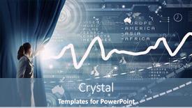  Presentation with curtain opening - Presentation design with young businesswoman opening curtain and presenting digital financial infographs background and a teal colored foreground