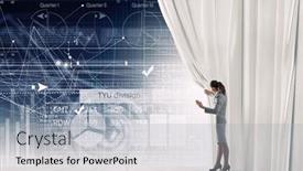  Presentation with curtain opening - Slide set with young businesswoman opening curtain and presenting digital financial infographs background and a light gray colored foreground