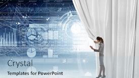  Presentation with curtain opening - Beautiful theme featuring young businesswoman opening curtain and presenting digital financial infographs backdrop and a light blue colored foreground