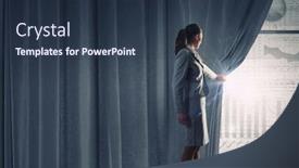  Presentation with curtain opening - Theme enhanced with young businesswoman opening curtain and presenting digital financial infographs background and a tawny brown colored foreground