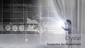  Presentation with curtain opening - Audience pleasing slides consisting of young businesswoman opening curtain and presenting digital financial infographs backdrop and a light gray colored foreground