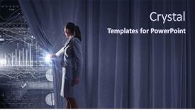 Presentation with curtain opening - Amazing PPT theme having young businesswoman opening curtain and presenting digital financial infographs backdrop and a wine colored foreground