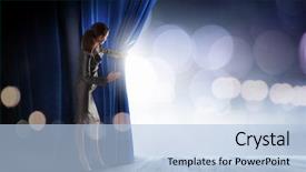  Presentation with curtain opening - Presentation theme featuring young businesswoman opening stage curtain background and a light blue colored foreground
