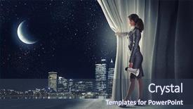  Presentation with curtain opening - Presentation theme featuring young businesswoman opening stage curtain background and a tawny brown colored foreground