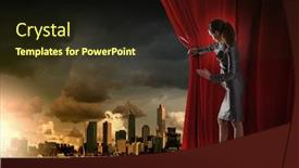  Presentation with curtain opening - Colorful PPT theme enhanced with young businesswoman opening stage curtain to another reality backdrop and a wine colored foreground
