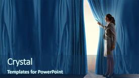  Presentation with curtain opening - Presentation theme consisting of theatre door - young businesswoman opening stage curtain background and a ocean colored foreground