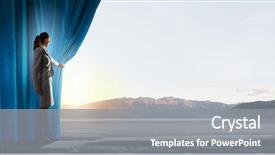  Presentation with curtain opening - Cool new slide deck with young businesswoman opening stage curtain to another reality backdrop and a gray colored foreground