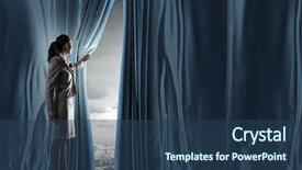  Presentation with curtain opening - Cool new slide deck with young businesswoman opening stage curtain to another reality backdrop and a ocean colored foreground