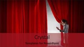  Presentation with red stage curtain - PPT theme consisting of young businesswoman opening stage curtain background and a crimson colored foreground