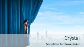  Presentation with curtain - PPT theme featuring young businesswoman opening stage curtain to another reality background and a sky blue colored foreground