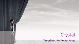  Presentation with curtain opening - Presentation enhanced with new opportunity new city - young businesswoman opening stage curtain background and a sky blue colored foreground