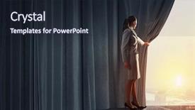  Presentation with curtain opening - Beautiful presentation featuring theatre door - young businesswoman opening stage curtain backdrop and a wine colored foreground