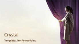  Presentation with curtain opening - Cool new presentation theme with young businesswoman opening stage curtain to another reality backdrop and a cream colored foreground