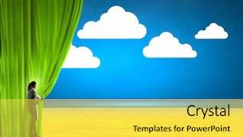  Presentation with curtain opening - Colorful slides enhanced with young businesswoman opening stage curtain to another reality backdrop and a yellow colored foreground