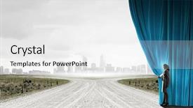  Presentation with curtain opening - Colorful PPT theme enhanced with young businesswoman opening stage curtain backdrop and a white colored foreground