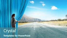  Presentation with curtain opening - Slide set featuring young businesswoman opening stage curtain background and a ocean colored foreground