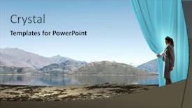  Presentation with curtain opening - Slide deck with young-businesswoman-opening-stage-curtain background and a light blue colored foreground