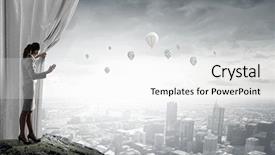  Presentation with curtain opening - Theme enhanced with young businesswoman opening stage curtain to another reality background and a white colored foreground