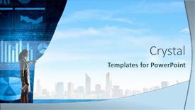  Presentation with curtain opening - Amazing presentation theme having young businesswoman opening stage curtain to another reality backdrop and a cool aqua colored foreground