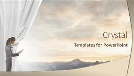  Presentation with curtain opening - Audience pleasing presentation design consisting of young businesswoman opening stage curtain to another reality backdrop and a lemonade colored foreground