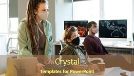  Presentation with projector - Beautiful theme featuring young-businesswoman-or-coach backdrop and a coral colored foreground