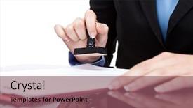  Presentation with notary - Cool new slide deck with young businesswoman or notary public backdrop and a violet colored foreground