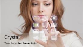  Presentation with high tech - Slide set enhanced with young businesswoman pressing high tech background and a mint green colored foreground
