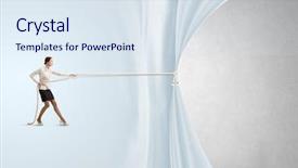  Presentation with behind curtain - Beautiful presentation design featuring young businesswoman pulling curtain backdrop and a sky blue colored foreground