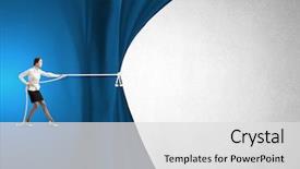  Presentation with behind curtain - Beautiful slide deck featuring young businesswoman pulling curtain backdrop and a light gray colored foreground