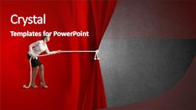  Presentation with behind curtain - Slide set consisting of young businesswoman pulling curtain background and a crimson colored foreground