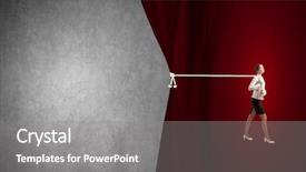  Presentation with curtain - Colorful presentation theme enhanced with young businesswoman pulling curtain with rope place for text backdrop and a gray colored foreground