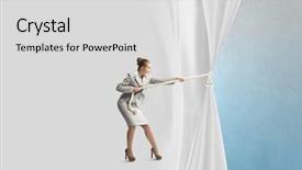  Presentation with curtain - Amazing slides having young businesswoman pulling curtain with rope place for text backdrop and a light gray colored foreground