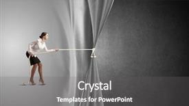  Presentation with curtain - PPT theme enhanced with young businesswoman pulling curtain with rope place for text background and a gray colored foreground