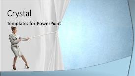  Presentation with curtain - Presentation theme having young businesswoman pulling curtain with rope place for text background and a light gray colored foreground