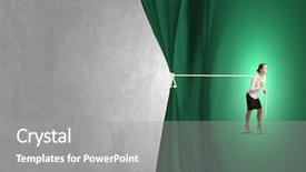  Presentation with curtain - Beautiful slides featuring young businesswoman pulling curtain with rope place for text backdrop and a gray colored foreground