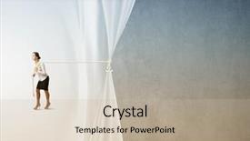  Presentation with curtain - Slide set consisting of young businesswoman pulling curtain with rope place for text background and a soft green colored foreground