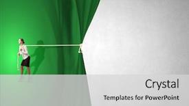  Presentation with green curtain - Presentation theme having young businesswoman pulling curtain background and a light gray colored foreground
