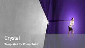  Presentation with curtain - Slides having young businesswoman pulling curtain with rope place for text background and a gray colored foreground