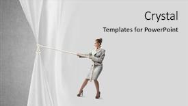  Presentation with curtain - Cool new slide deck with young businesswoman pulling curtain with rope place for text backdrop and a light gray colored foreground