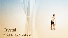  Presentation with curtain - Beautiful presentation featuring young businesswoman pulling curtain with rope place for text backdrop and a lemonade colored foreground