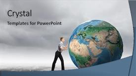  Presentation with earth - Cool new slide set with young businesswoman pushing earth planet backdrop and a light gray colored foreground